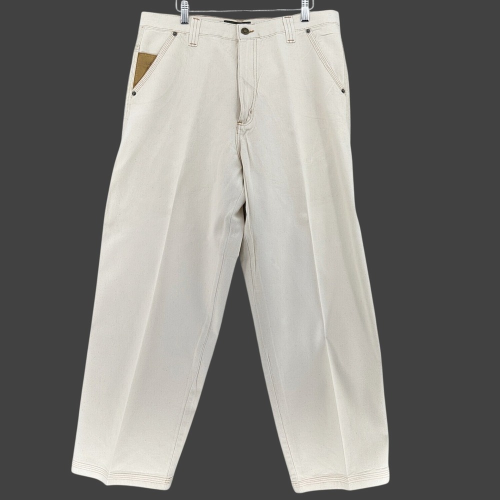 ⁠Y2K Timberland Canvas Carpenter Pants Off White Leather Utility Workwear 34x30